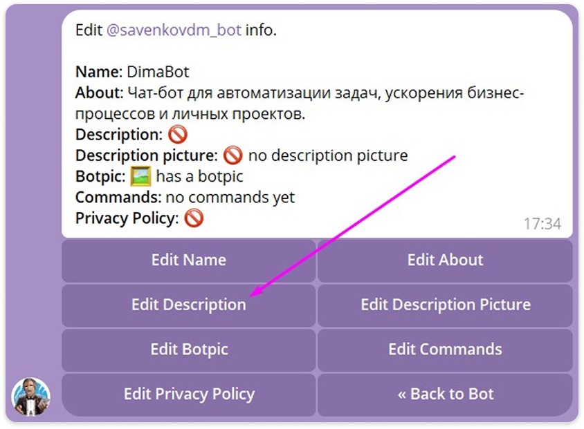 Изменить описание бота